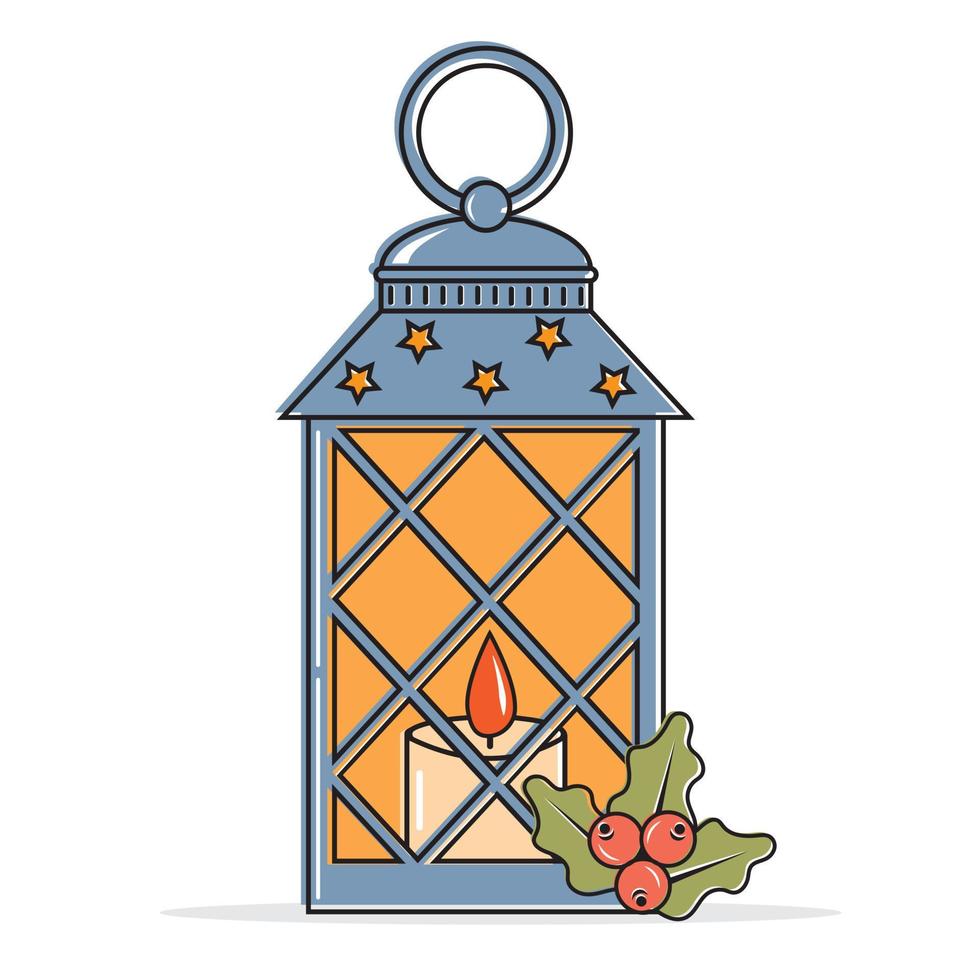 lanterne de noël de paysage intérieur avec bougie, illustration vectorielle de couleur en style cartoon. vecteur