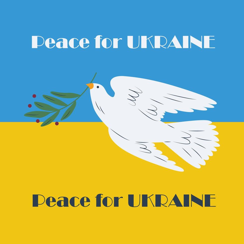 colombe volante de la paix, pigeons. oiseau avec rameau d'olivier végétal. l'amour, la liberté, pas de guerre. illustration moderne dessinée à la main. soutenez l'ukraine, tenez-vous avec la bannière de l'ukraine, affiche aux couleurs jaunes et bleues vecteur