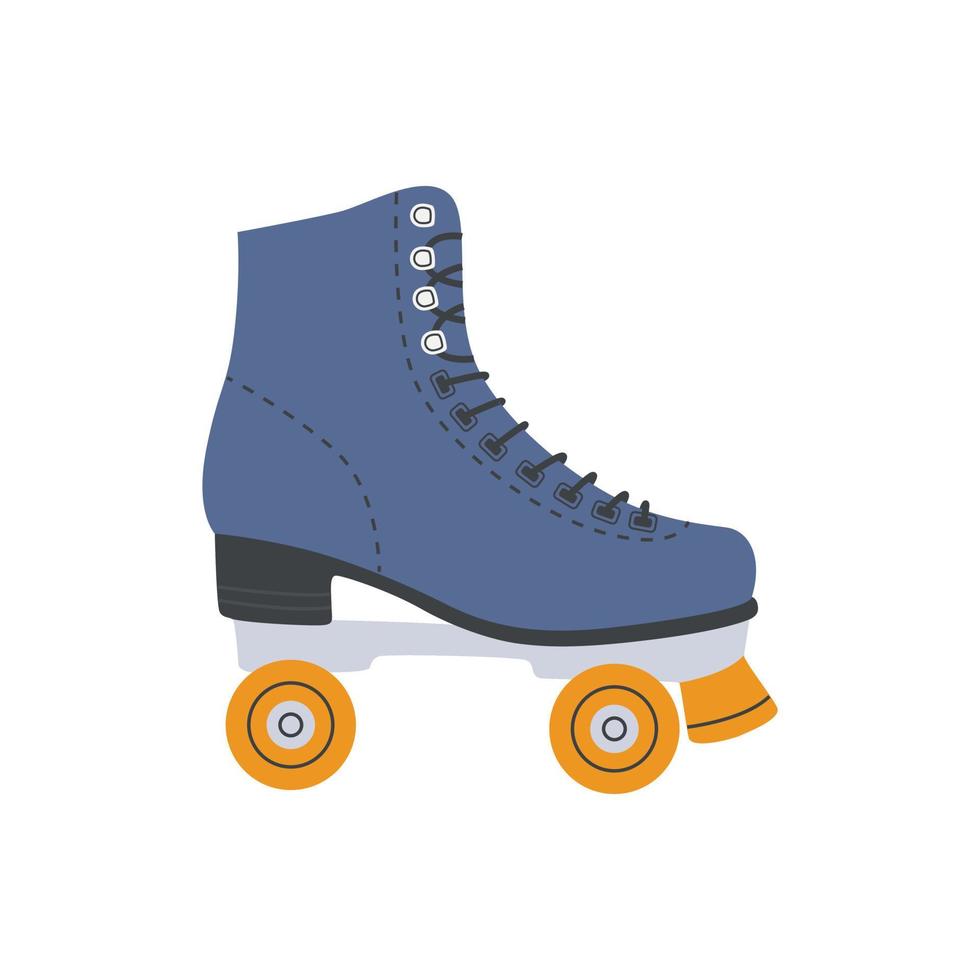 patin à roulettes bleu, patins quad vintage. filles portant un style de mode rétro des années 70 aux années 80. sport et discothèque. illustrations mignonnes dans des couleurs pastel à la mode. rollers comiques dessinés à la main. vecteur