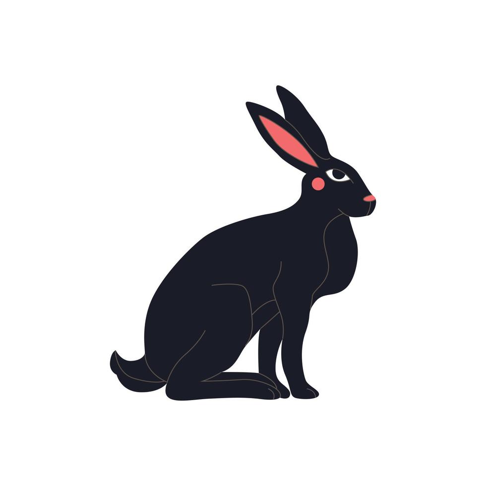 lapin noir assis abstrait aux joues et aux yeux rouges. symbole du nouvel an chinois 2023. lapin de pâques silhouette noire, lièvre mystique, astrologique, botanique, ésotérique. illustration vectorielle dessinés à la main. vecteur