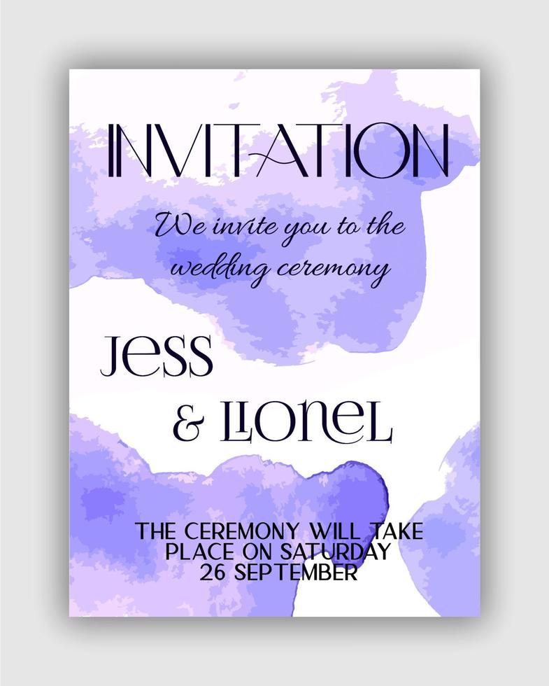 ensemble aquarelle d'invitations de mariage, cartes d'anniversaire et cartes de vacances. taches d'aquarelle et taches de couleur violette vecteur