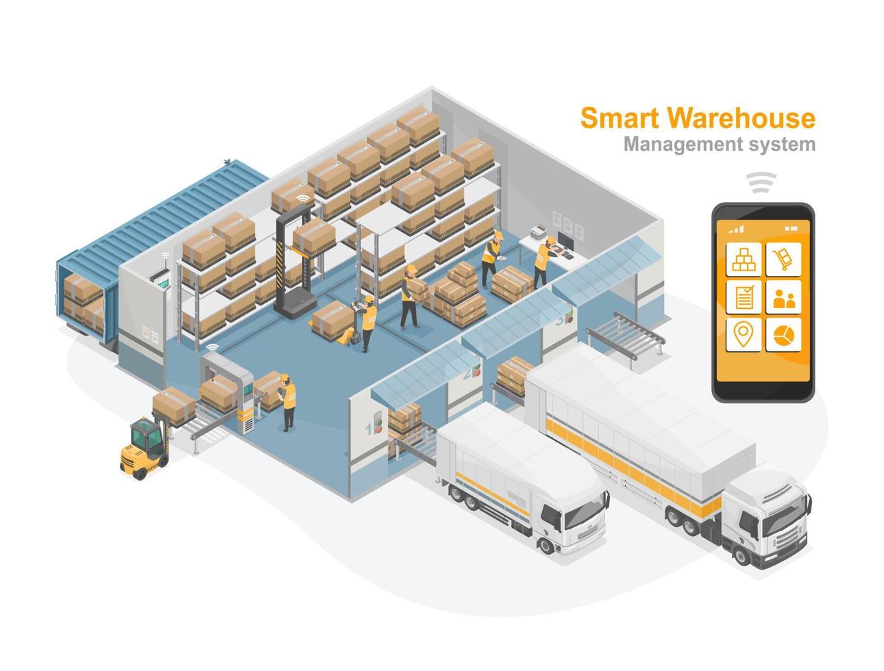 système iot de gestion d'entrepôt intelligent pour l'expédition en usine isométrique vecteur