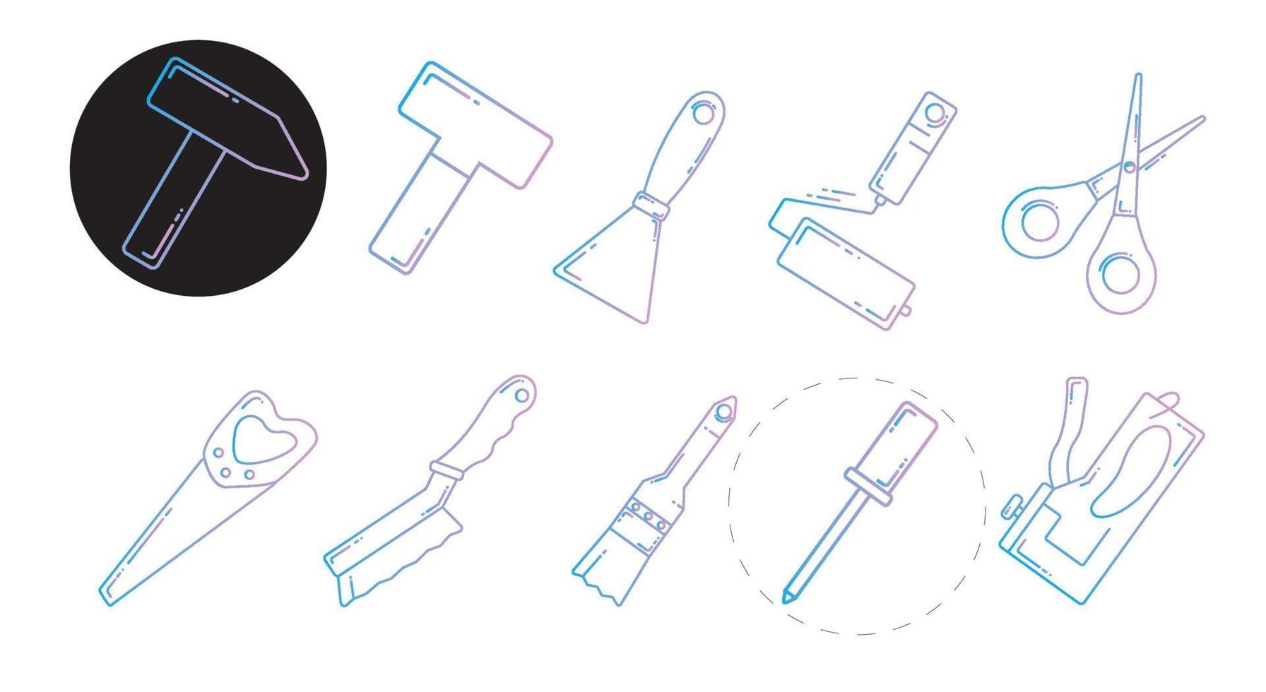 ensemble d'icônes de magasin de construction avec des outils de construction dans une couleur dégradée. contient des outils de construction marteau, scie, truelle, pinceau, tournevis. convient aux fonds blancs et noirs. vecteur