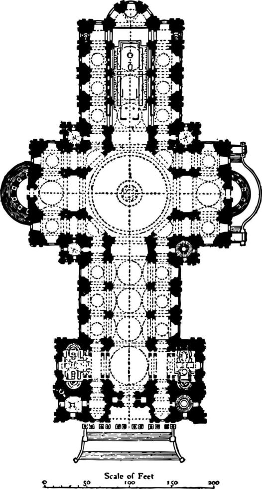 Plan de la cathédrale Saint-Paul de Londres 1675 - 1710 gravure d'époque. vecteur