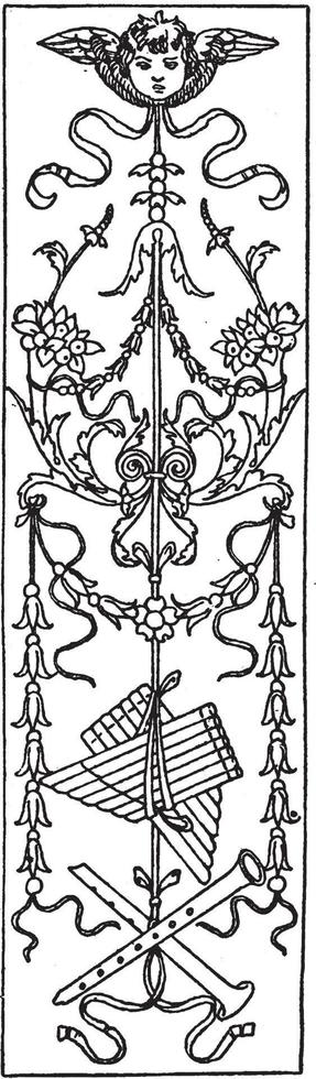 Le panneau oblong d'intarsia est une conception d'incrustation de bois trouvée à Bologne, gravure vintage. vecteur