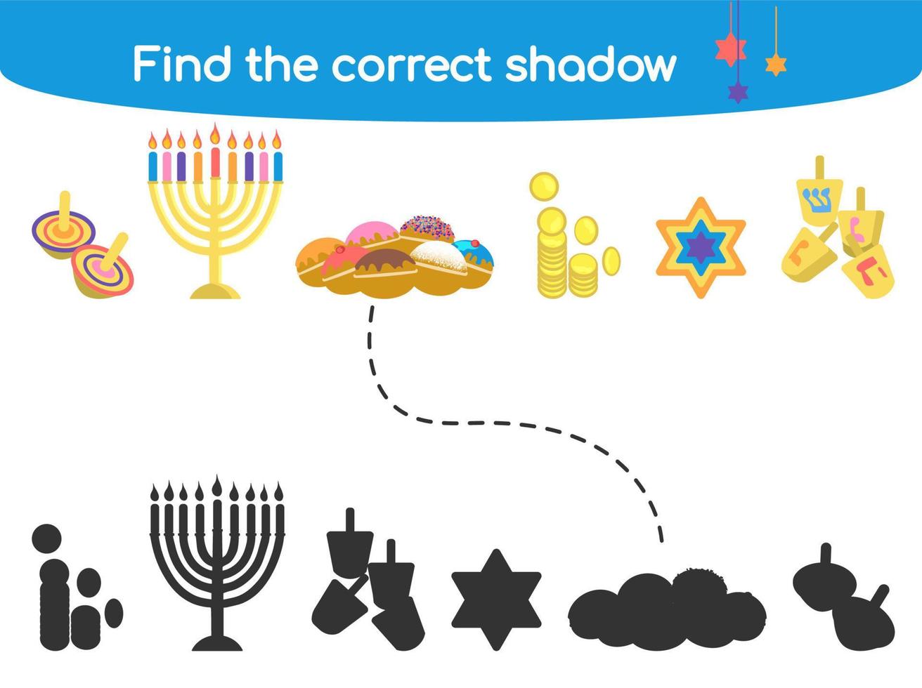 trouver le bon jeu d'ombre pour les enfants avec les symboles traditionnels de hanukkah illustration vectorielle vecteur