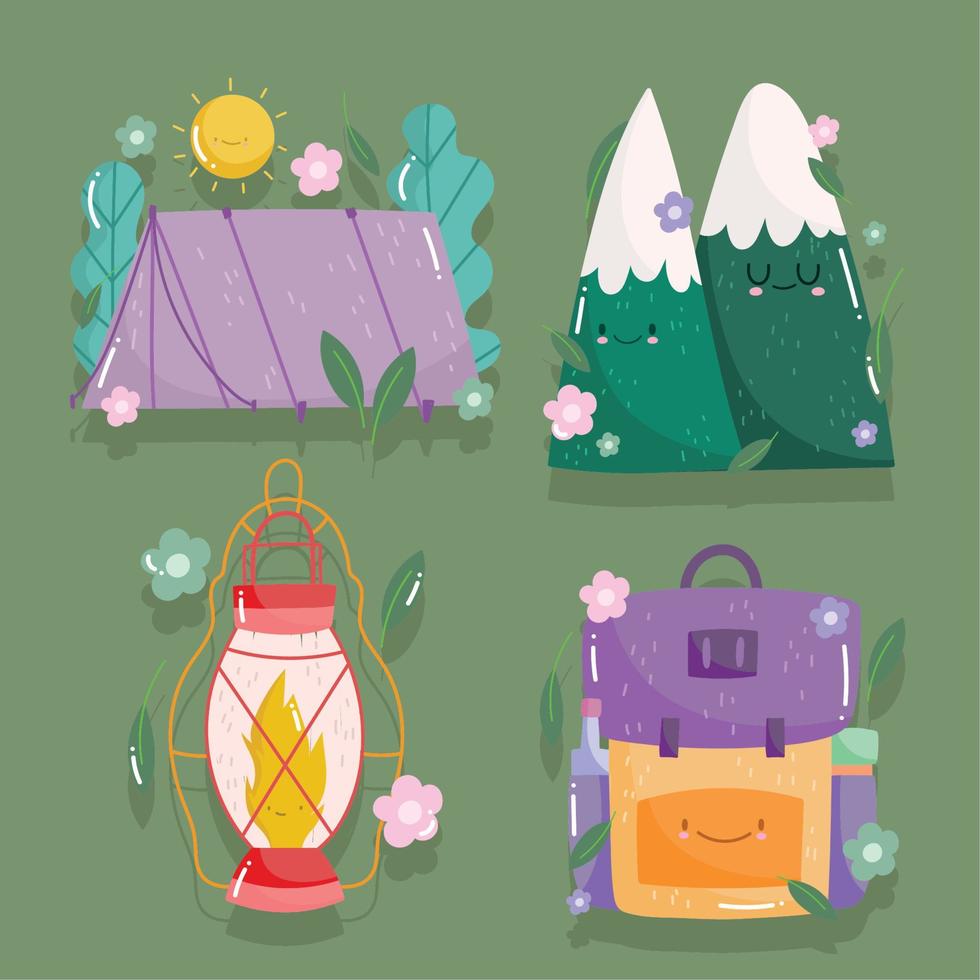 sac à dos de montagnes de tente de camping et lanterne dans des icônes de style dessin animé vecteur