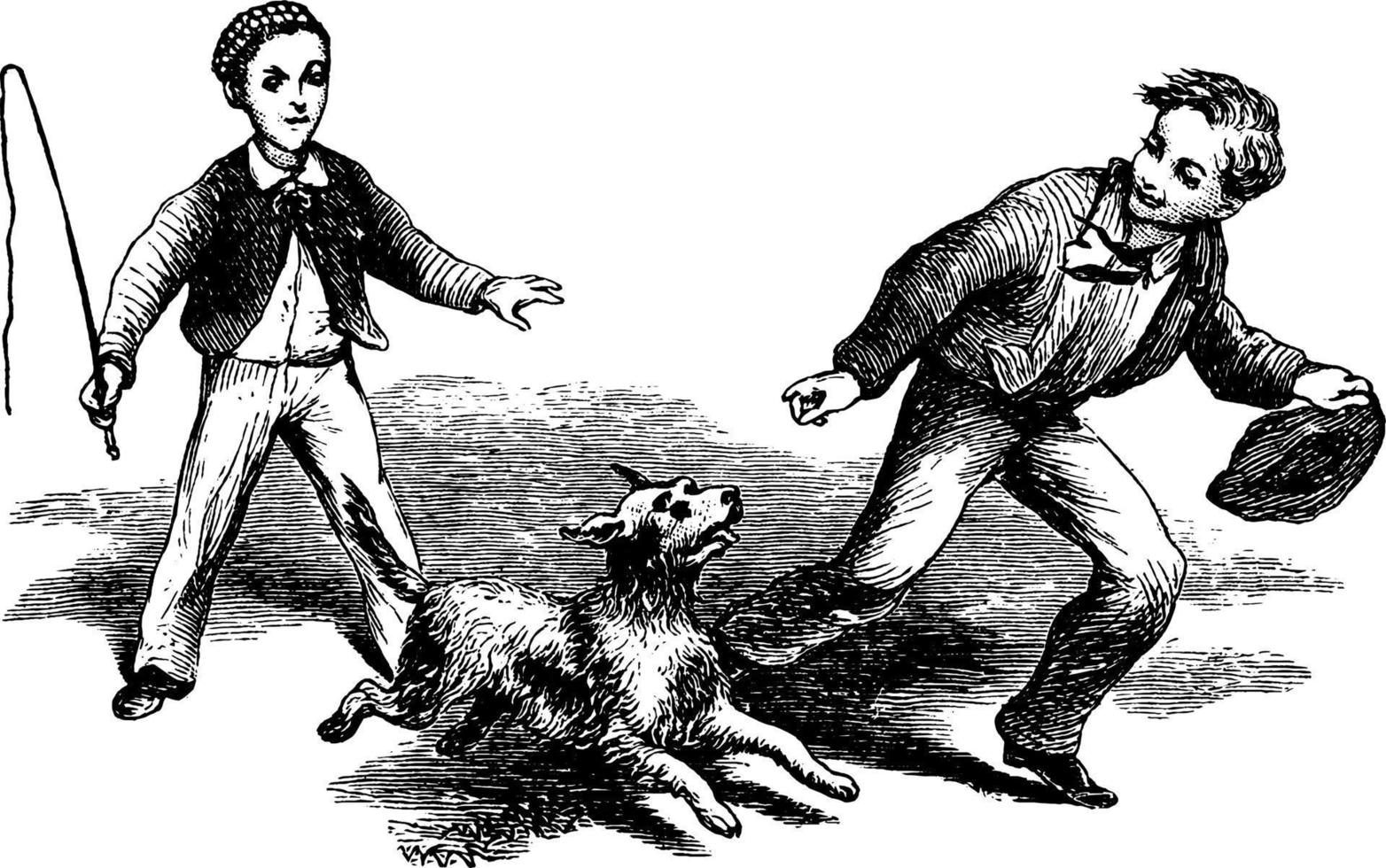 chien et deux garçons, illustration vintage. vecteur