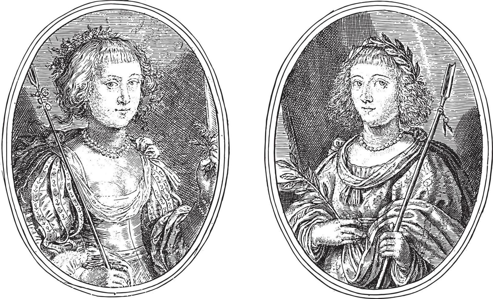 portraits d'une femme inconnue et d'anna maria van schurman, illustration vintage. vecteur