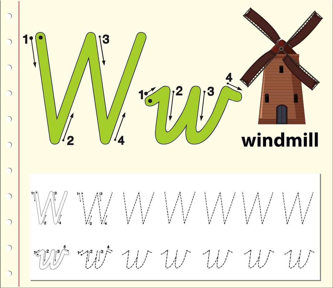 lettre w traçage feuille de calcul alphabet avec moulin à vent vecteur