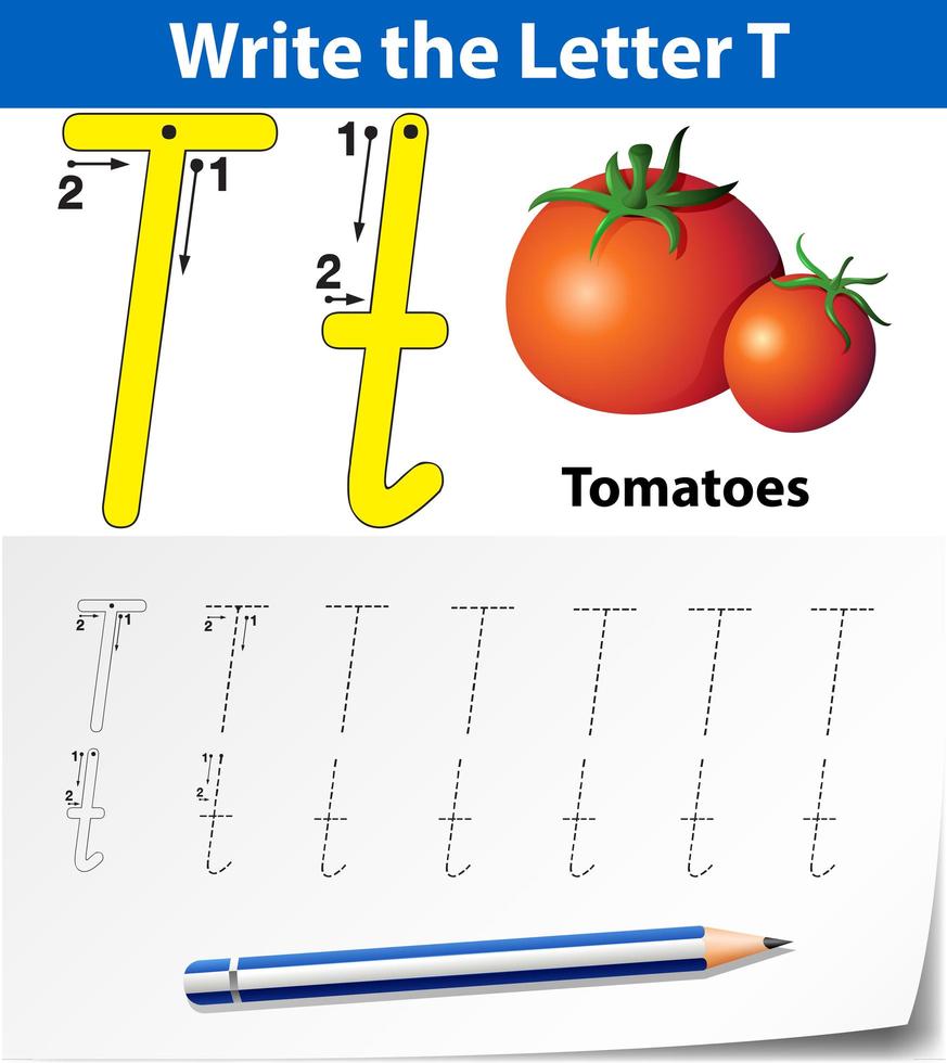 lettre t traçage feuille de calcul alphabet avec des tomates vecteur