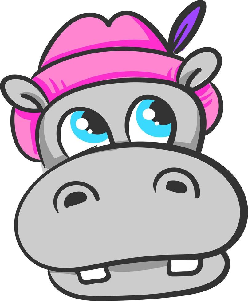 Hippopotame avec chapeau rose, illustration, vecteur sur fond blanc