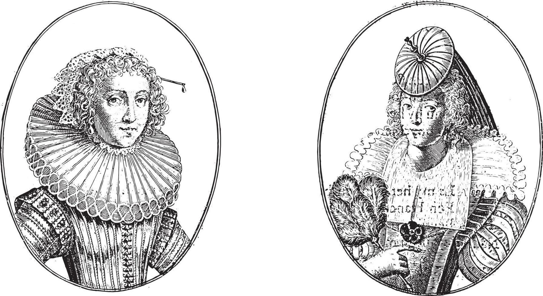 portraits des courtisanes appelées schone maritje et madame agnes de vit, illustration vintage. vecteur