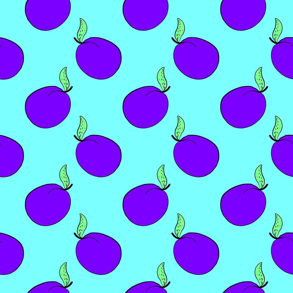 prunes violettes, motif sans couture sur fond bleu. vecteur