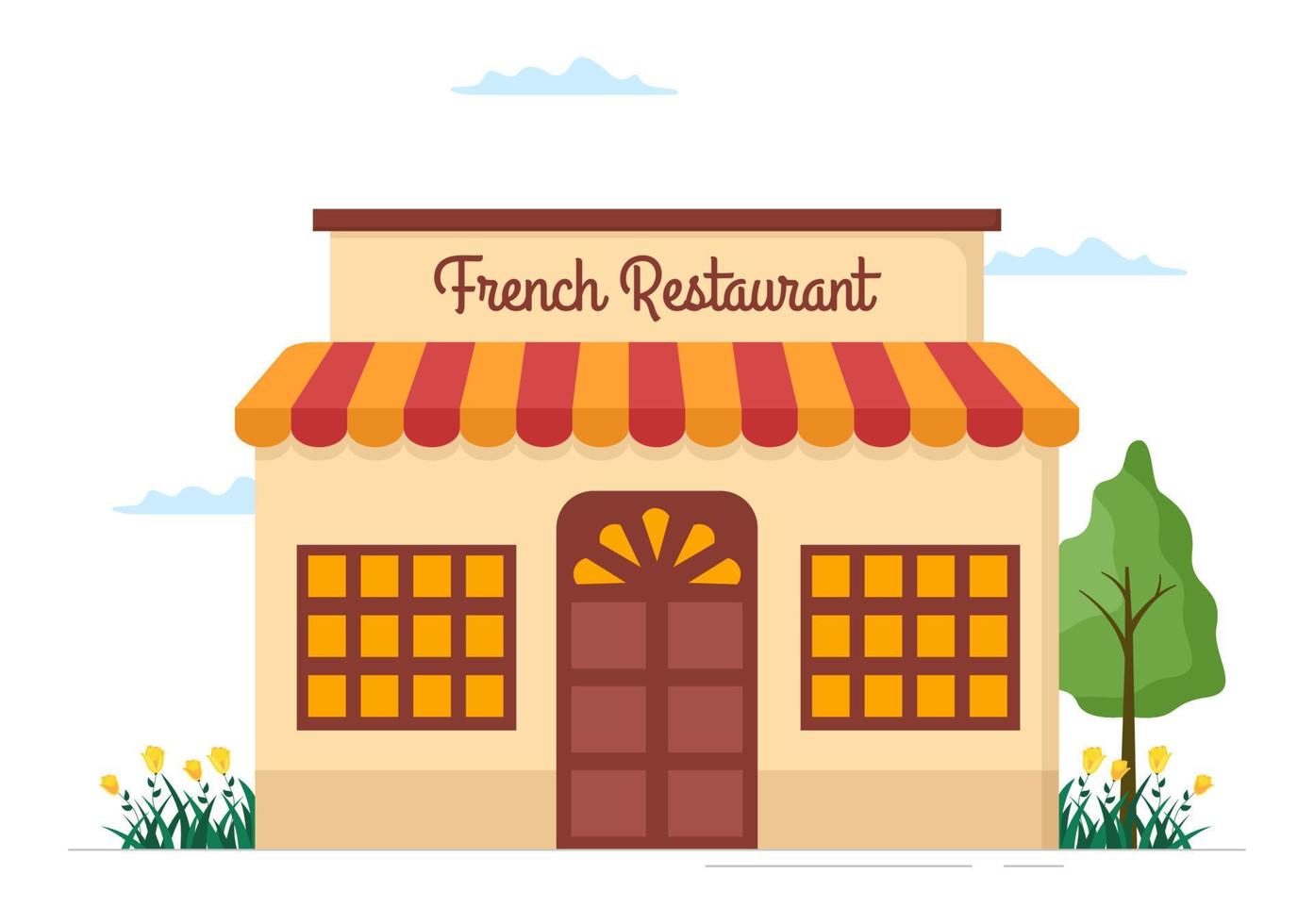 restaurant de cuisine française avec divers plats traditionnels ou nationaux de france sur illustration de modèles dessinés à la main de dessin animé de style plat vecteur