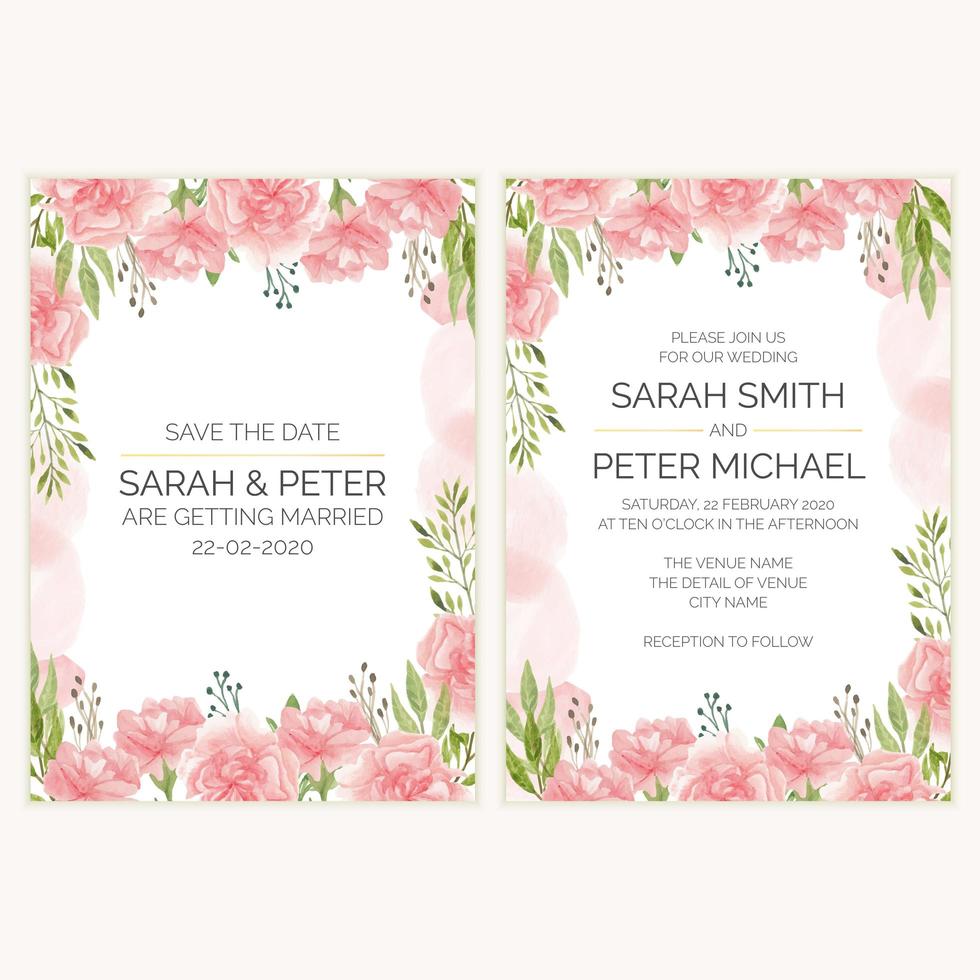 carte d'invitation de mariage floral oeillet dans un style aquarelle vecteur