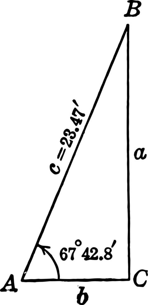 triangle rectangle abc avec angle 67 degrés 42,8 minutes et hypoténuse 23,47 pieds. illustration vintage. vecteur