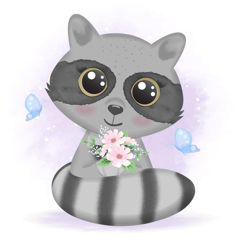 joli bébé raton laveur tenant un bouquet vecteur
