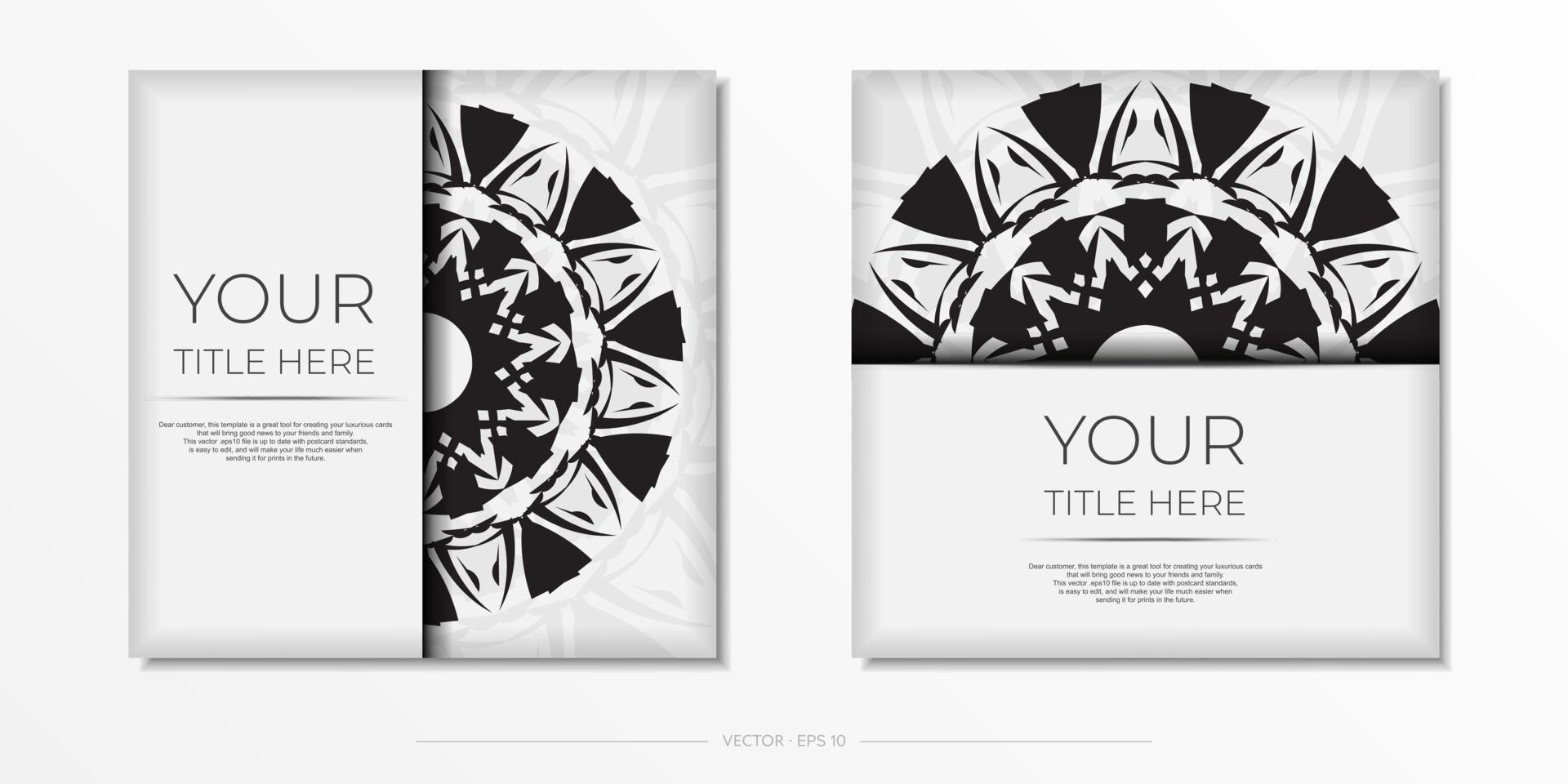 préparer une invitation avec une place pour votre texte et vos motifs abstraits. modèle vectoriel luxueux pour cartes postales de conception d'impression couleur blanche avec des motifs noirs.