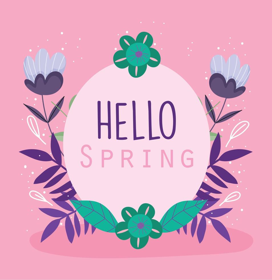 bonjour printemps, carte de modèle de badge de cadre de feuillage de fleurs vertes vecteur