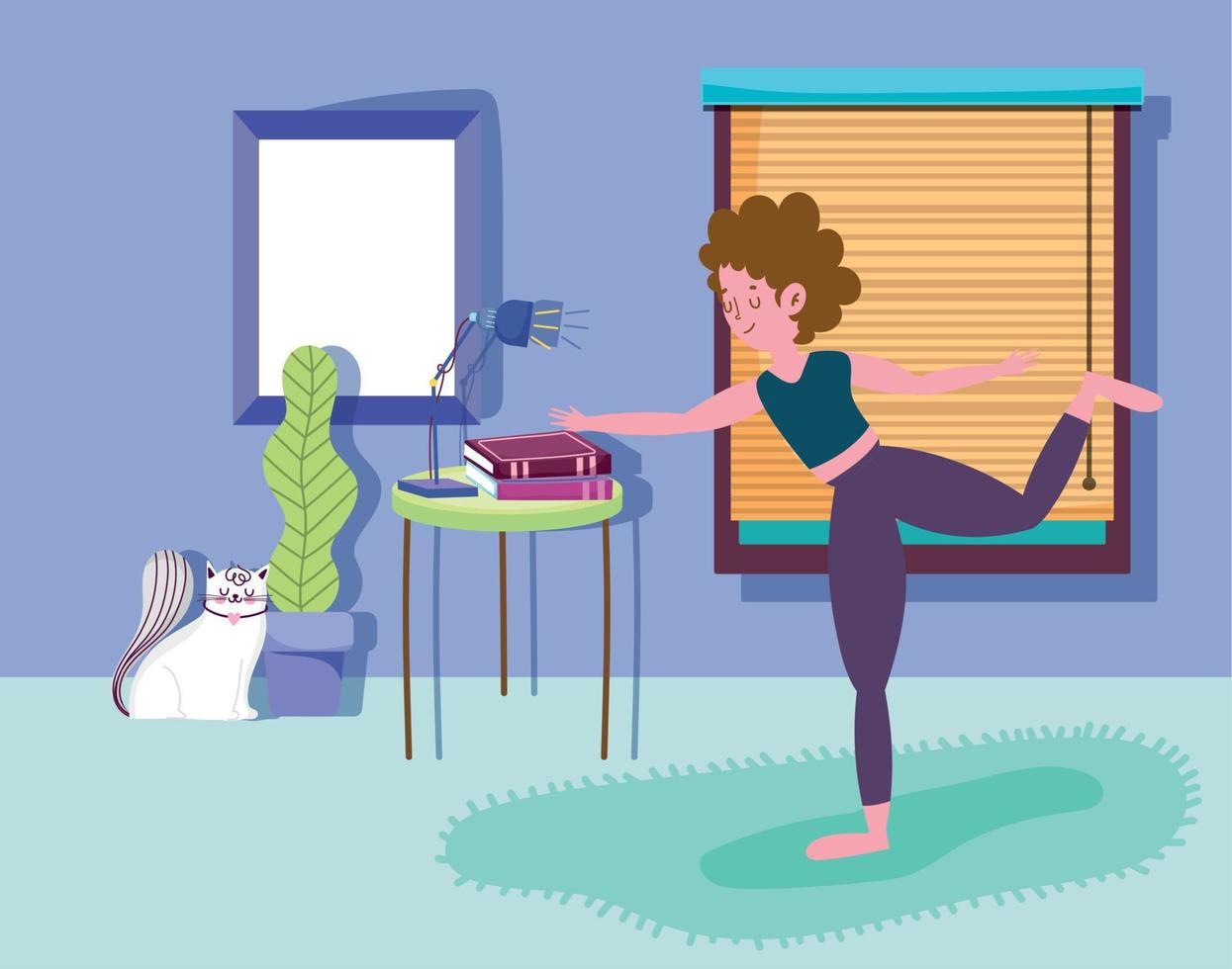 femme posant le yoga dans la chambre avec l'exercice de sport d'activité de chat à la maison vecteur