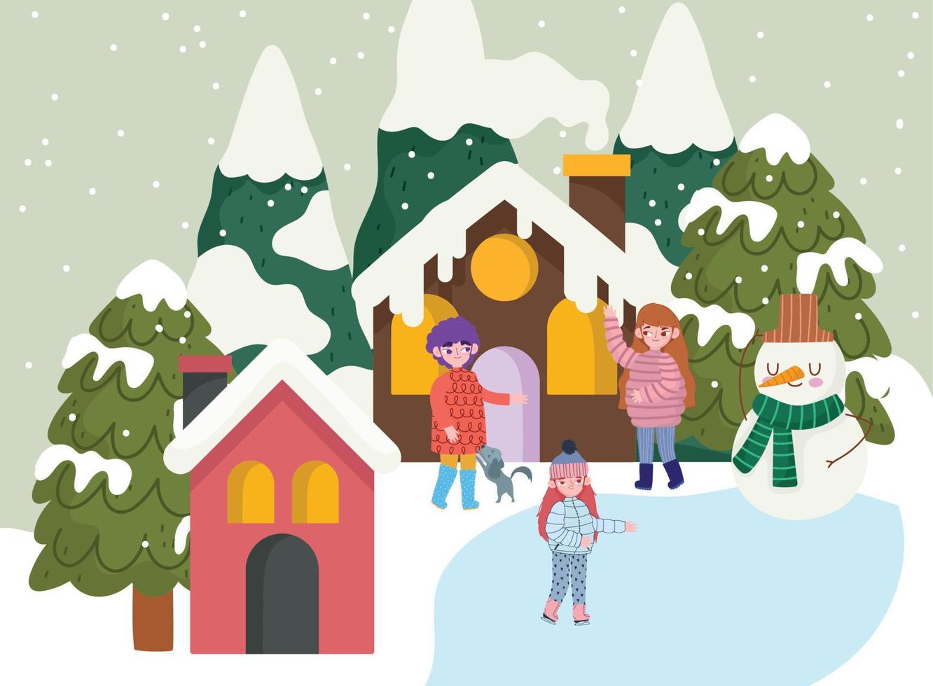noël, gens, bonhomme neige, village, maisons, arbres, neige, dessin animé, hiver vecteur