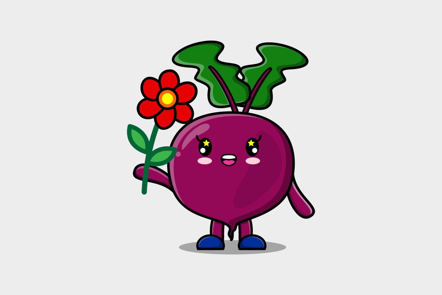 personnage de betterave de dessin animé mignon tenant une fleur rouge vecteur