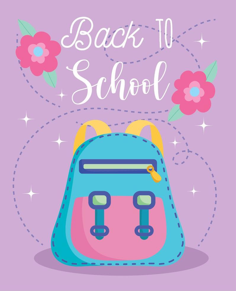 retour à l'école, sac à dos et fleurs dessin animé de l'enseignement primaire vecteur