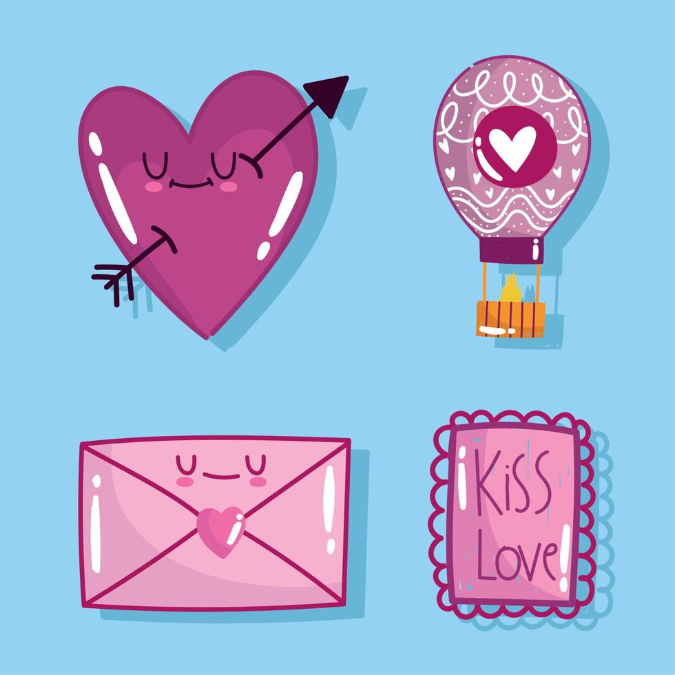 carte de lettre de message de coeur romantique d'amour dans la conception de style de dessin animé vecteur