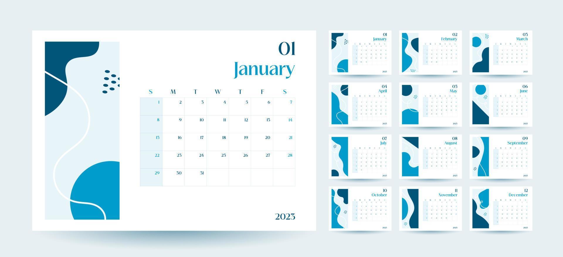 modèle de calendrier mural mensuel 2023 dans un style minimaliste branché, concept de couverture, ensemble de calendrier de bureau de 12 pages, conception de planificateur de calendrier minimal 2023 pour le modèle d'impression en bleu vecteur