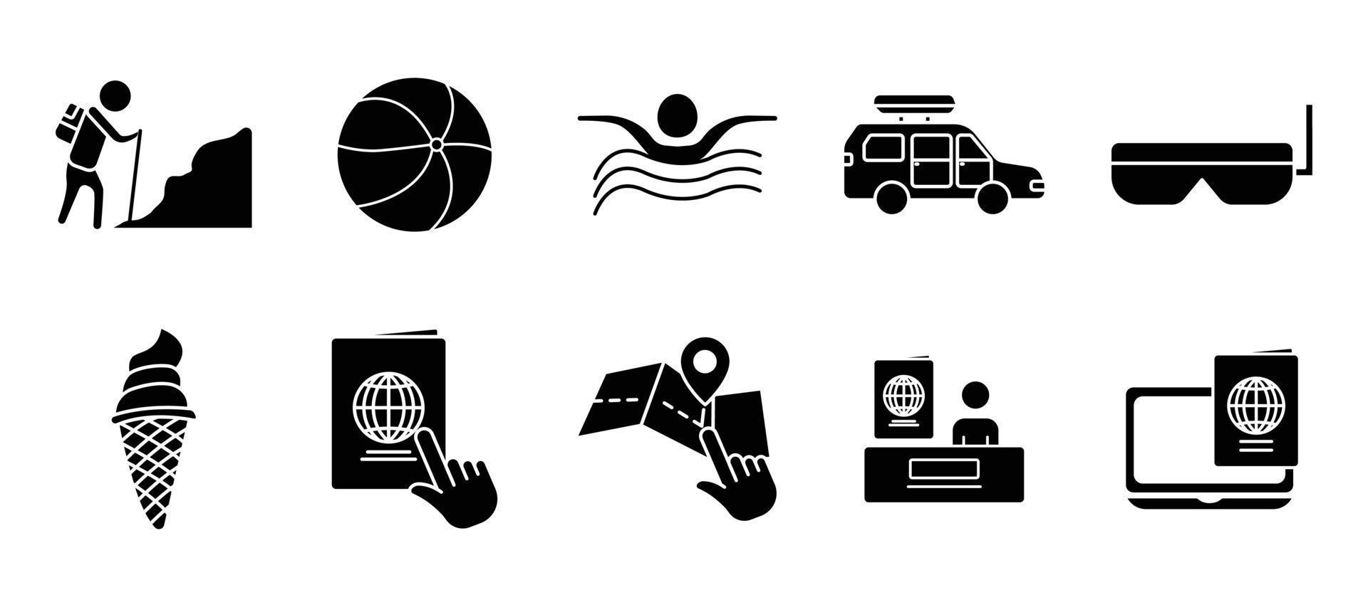 illustration du jeu d'icônes lié aux vacances. style d'icône de glyphe. contient des icônes comme la randonnée, le ballon de plage, la natation, le passeport, la voiture de tourisme, la carte, etc. conception vectorielle simple modifiable. vecteur