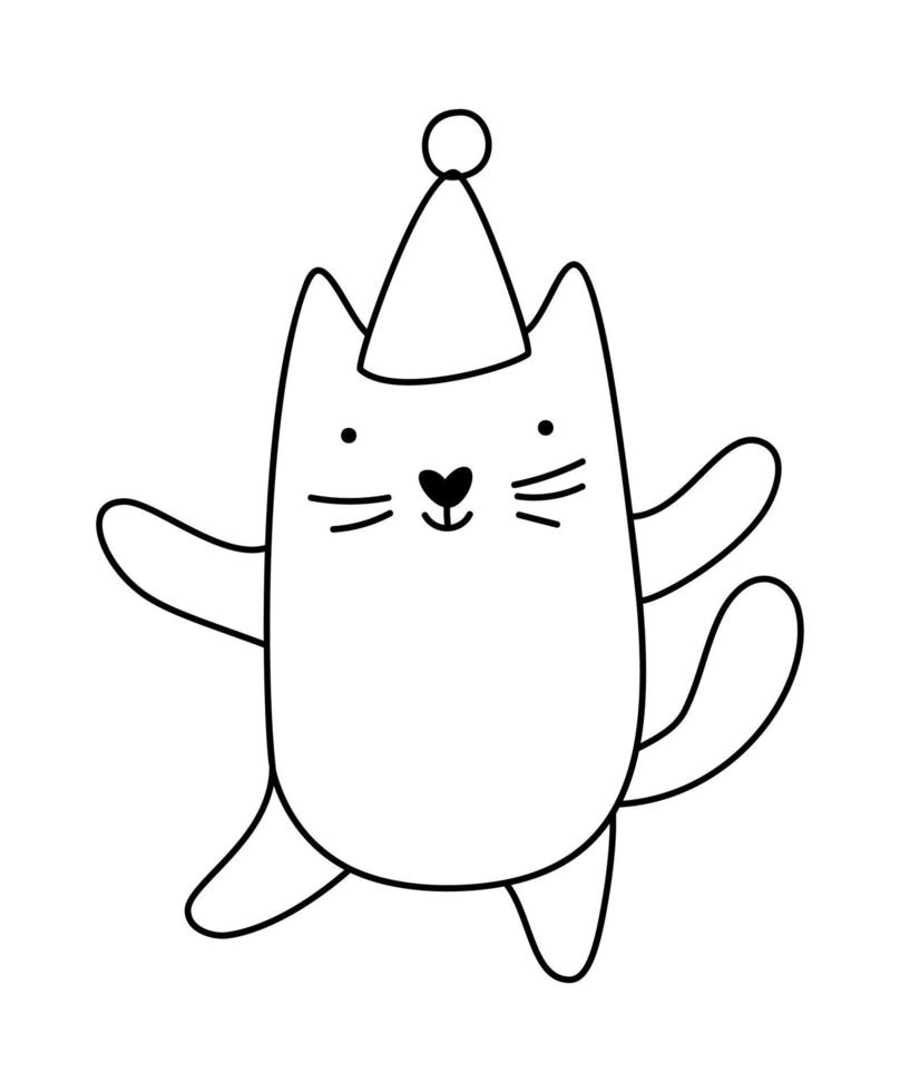 mignon bébé noël dessin animé vecteur chat d'hiver au chapeau. lignes noires et blanches. doodle style scandinave pour le nouvel an. ressource graphique pour graphique, contenu, bannière, autocollant