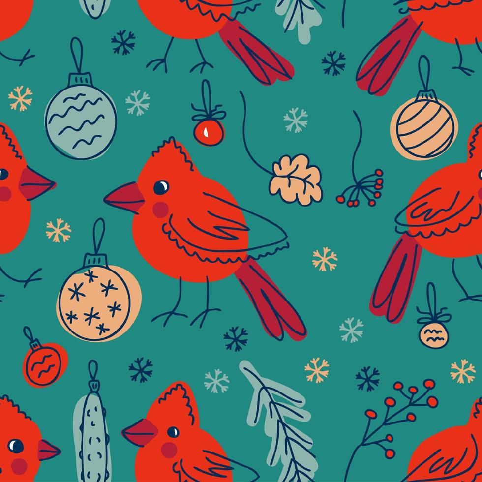 les oiseaux cardinaux du nord et les éléments de noël doodle modèle sans couture. vecteur