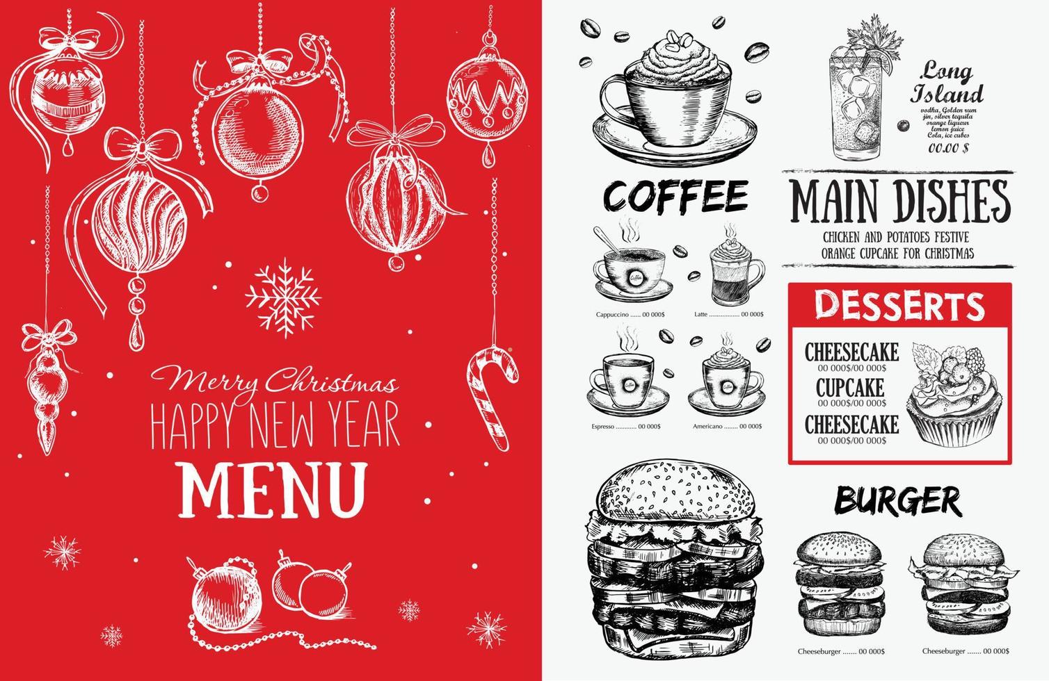 café menu de noël. dépliant alimentaire. Le menu du restaurant. conception de modèle vecteur