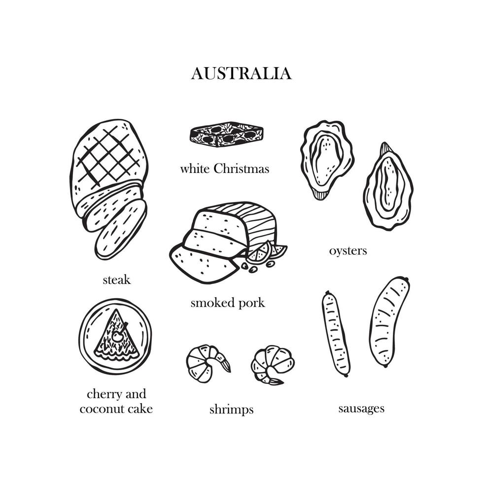 ensemble vectoriel d'illustrations des plats de noël de l'australie. illustration dessinée à la main.