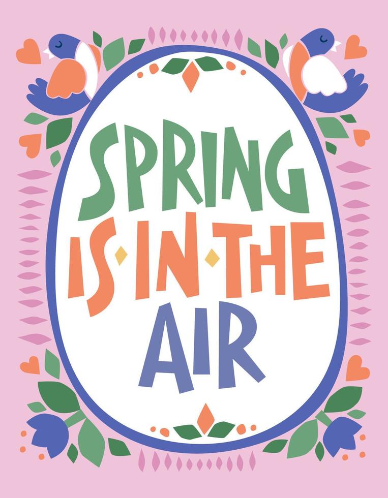 phrase de lettrage dessinée à la main sur le thème du printemps festif, le printemps est dans l'air. carte de typographie de Pâques de vecteur et conception d'affiches.