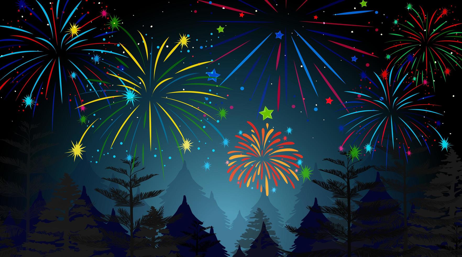 forêt avec scène de célébration de feux d'artifice vecteur