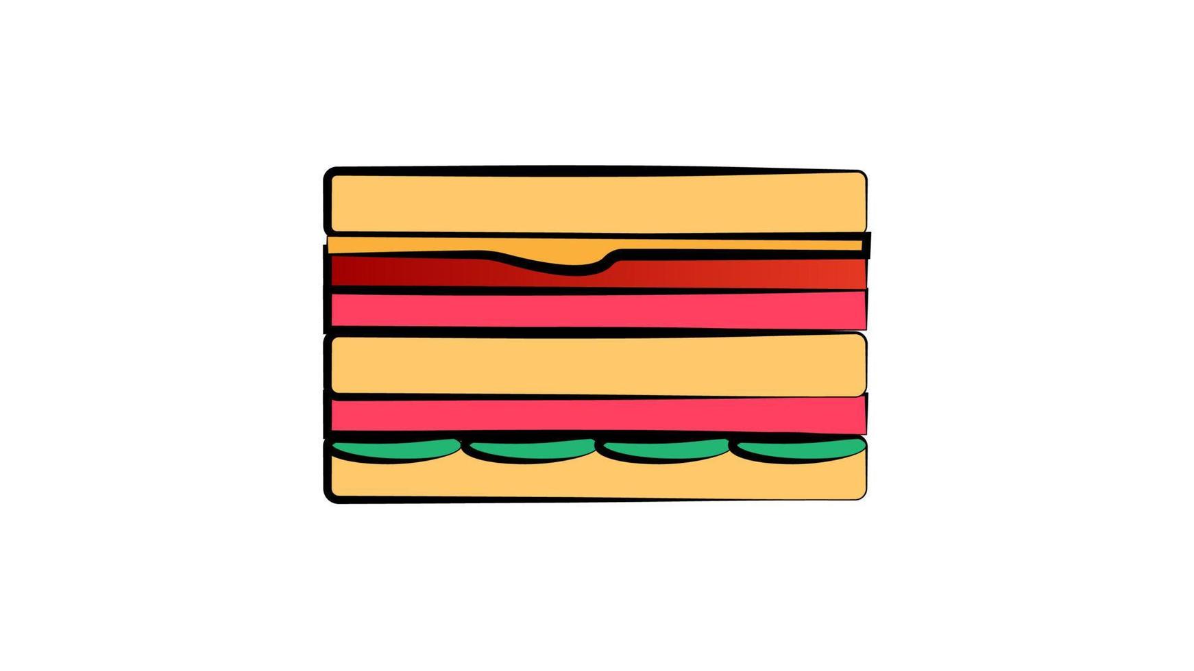 appétissant, délicieux sandwich, illustration vectorielle sur fond blanc. sandwich farci de viande, de fromage et d'herbes. déjeuner copieux, savoureux et malsain. Fast food vecteur