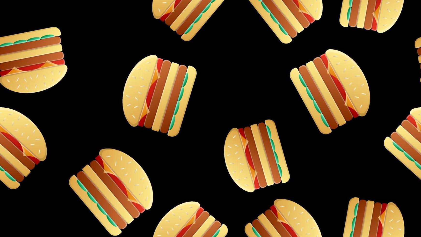 motif de hamburgers sur fond noir, illustration vectorielle. restauration rapide délicieuse. décoration de décor de cuisine. hamburgers colorés avec une garniture juteuse. double burger pour satisfaire la faim vecteur