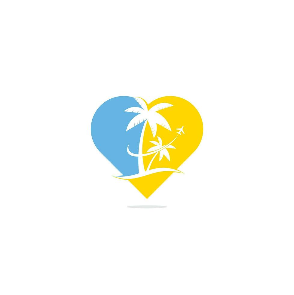 conception d'icône de logo de concept de forme de coeur de voyage de plage. modèle de logo de voyage. palmier avec vecteur de modèle de logo de vague océanique.