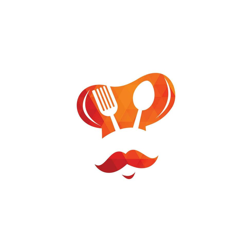 création de logo vectoriel de chef cuisinier. chef cuisinier avec logo vectoriel moustache et barbe. tête de chef avec cuillère et fourchette