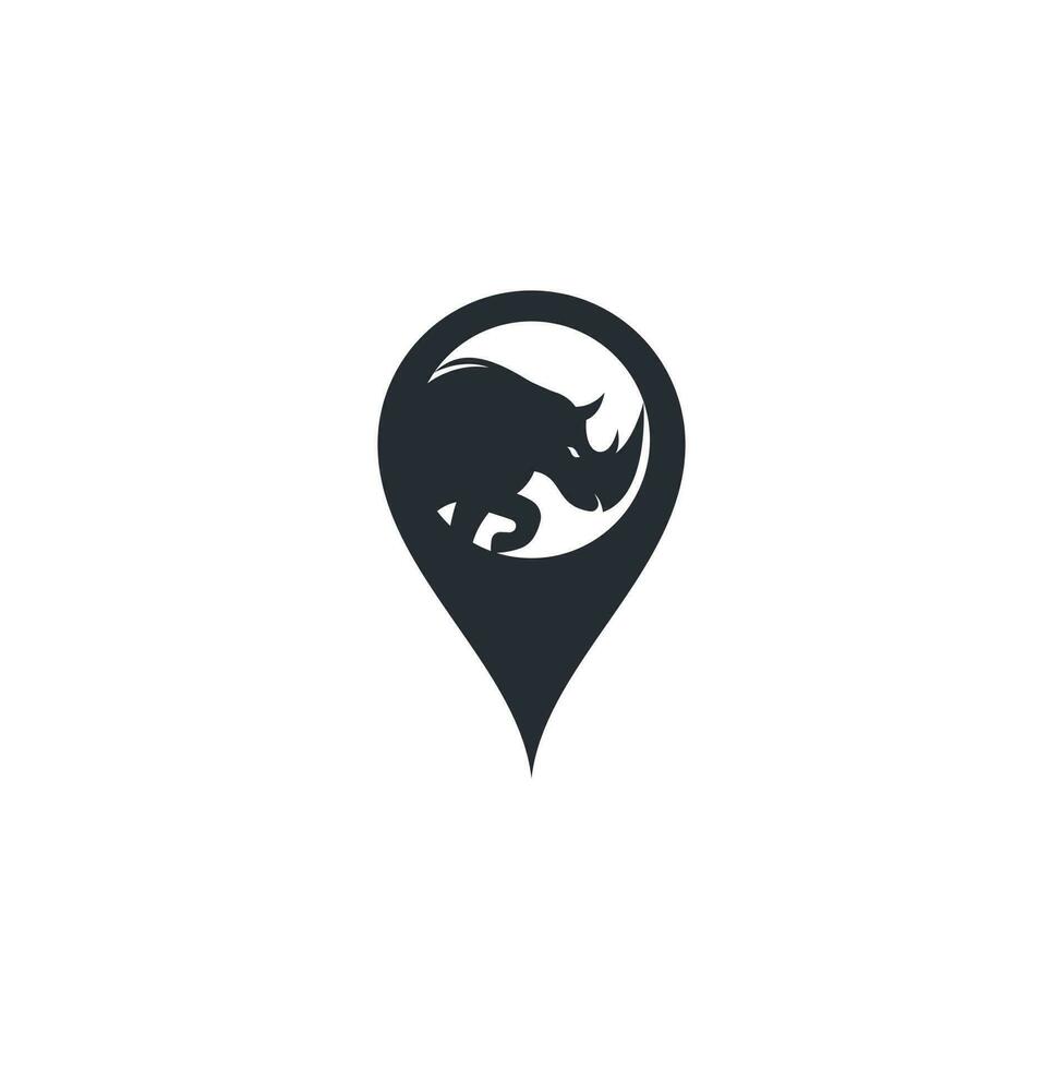 création de logo de pointeur de rhinocéros et de carte. icône rhinocéros et gps. moderne, colère. vecteur