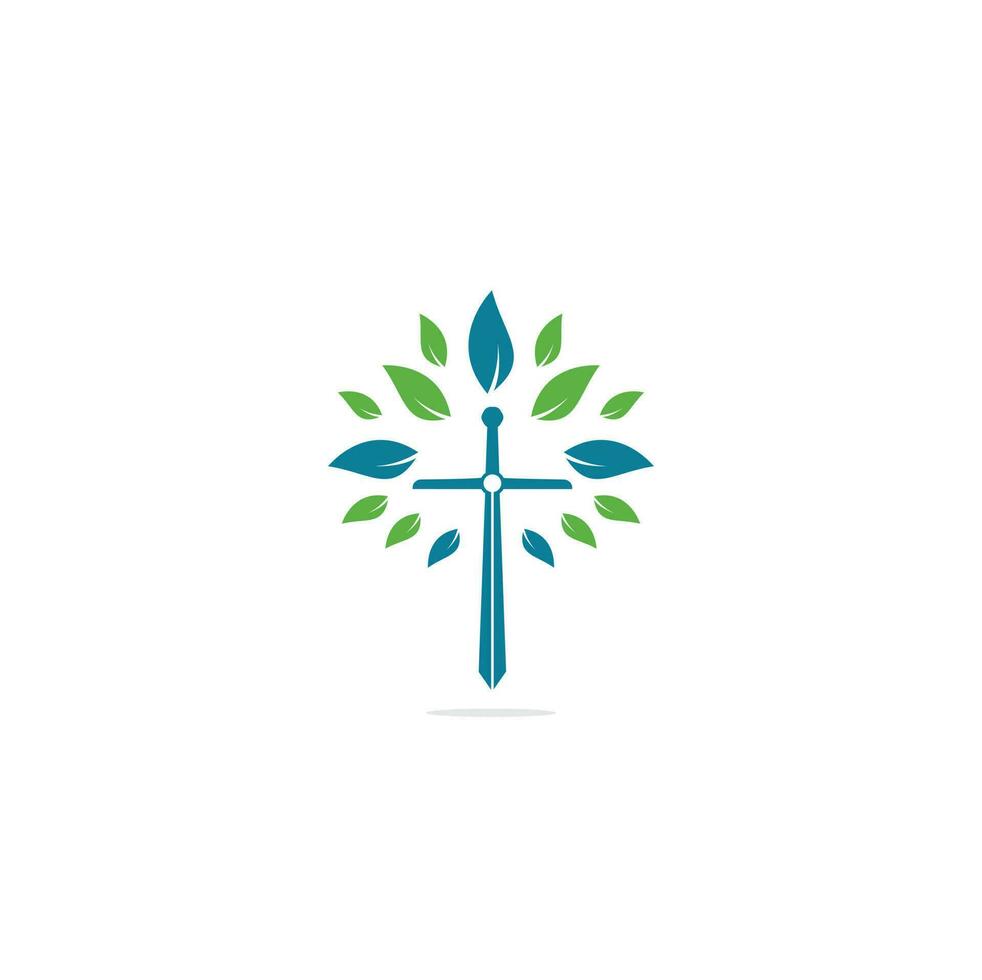 logo de l'église. église chrétienne croix priant le logo de l'arbre. création de logo croix église épée chrétienne vecteur