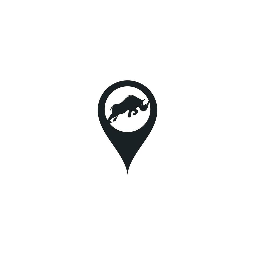 création de logo de pointeur de rhinocéros et de carte. icône rhinocéros et gps. moderne, colère. vecteur