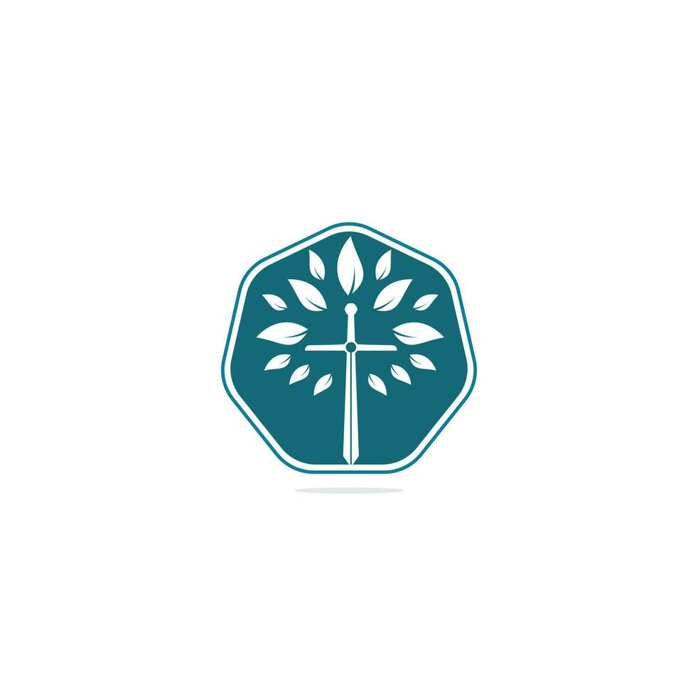 logo de l'église. église chrétienne croix priant le logo de l'arbre. création de logo croix église épée chrétienne vecteur