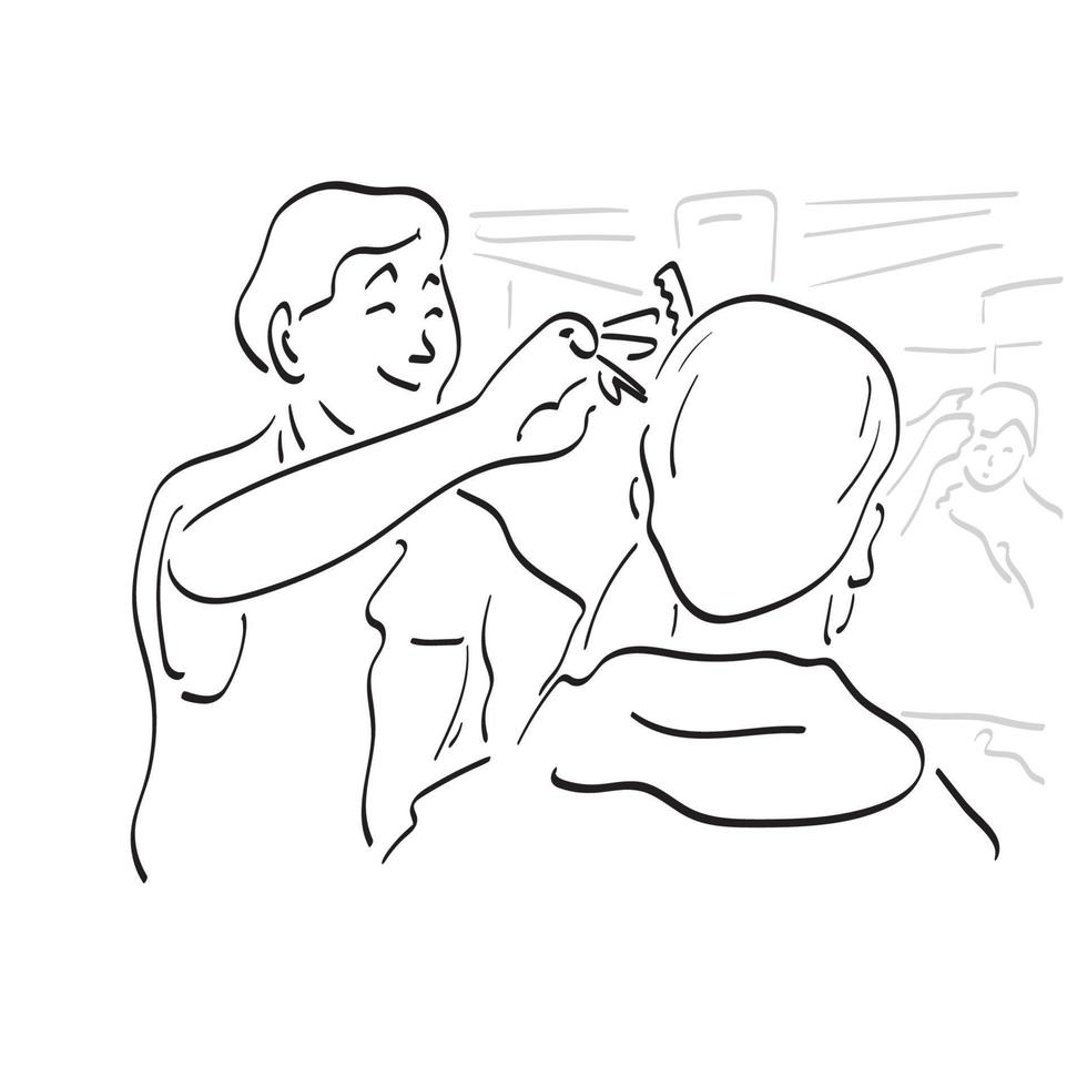 coiffeur masculin faisant une coupe de cheveux avec des ciseaux pour un jeune homme dans un salon de coiffure illustration vecteur dessiné à la main isolé sur fond blanc dessin au trait.