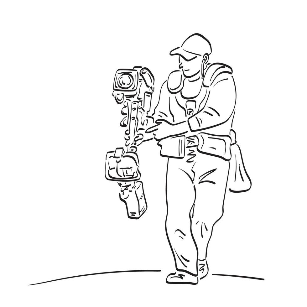 dessin au trait opérateur vidéo professionnel filme événement avec caméra montée sur gilet stabilisé illustration vecteur dessiné à la main isolé sur fond blanc