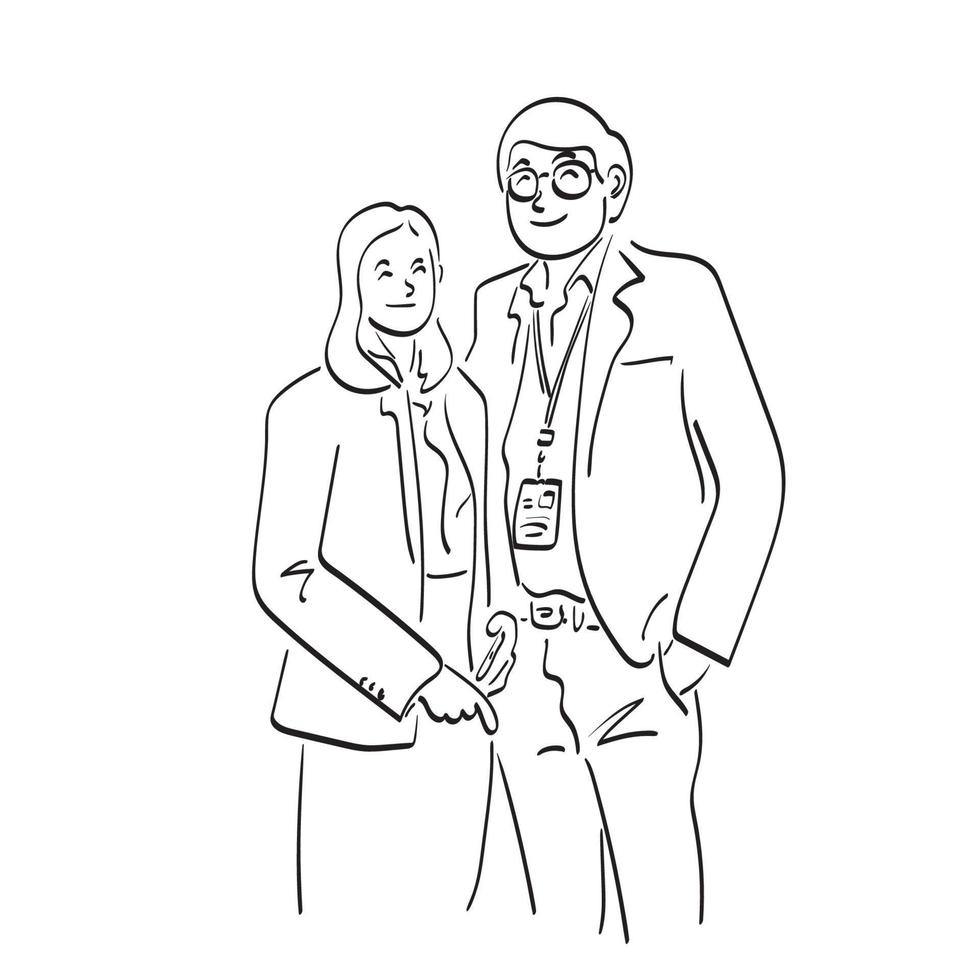 dessin au trait homme d'affaires et femme d'affaires debout ensemble illustration vecteur dessiné à la main isolé sur fond blanc