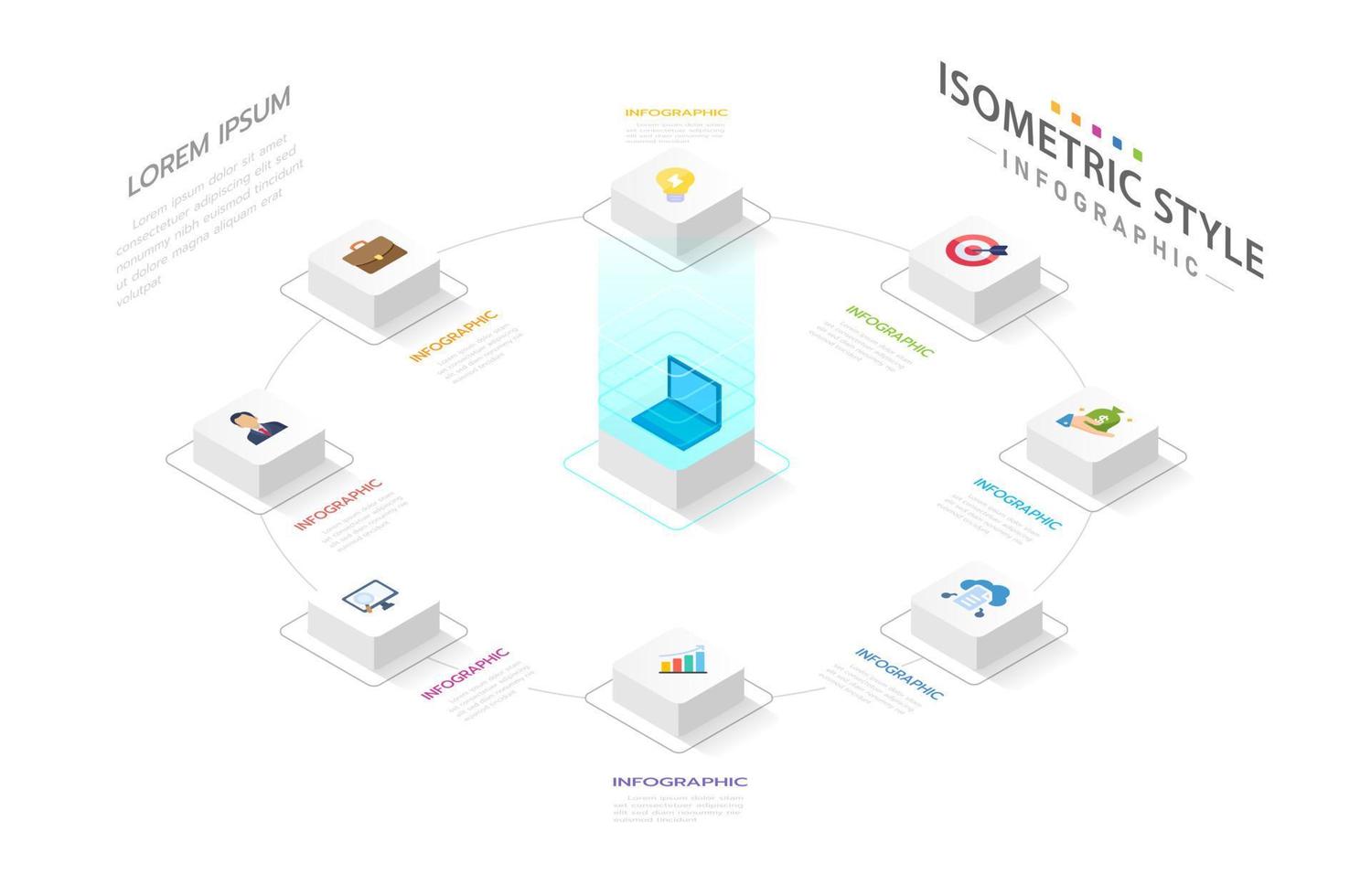 modèle d'infographie isométrique pour les entreprises. Diagramme de carte mentale moderne en 8 étapes dans le concept technologique, infographie vectorielle de présentation isométrique d'entreprise. modèle de diapositive de présentation. vecteur