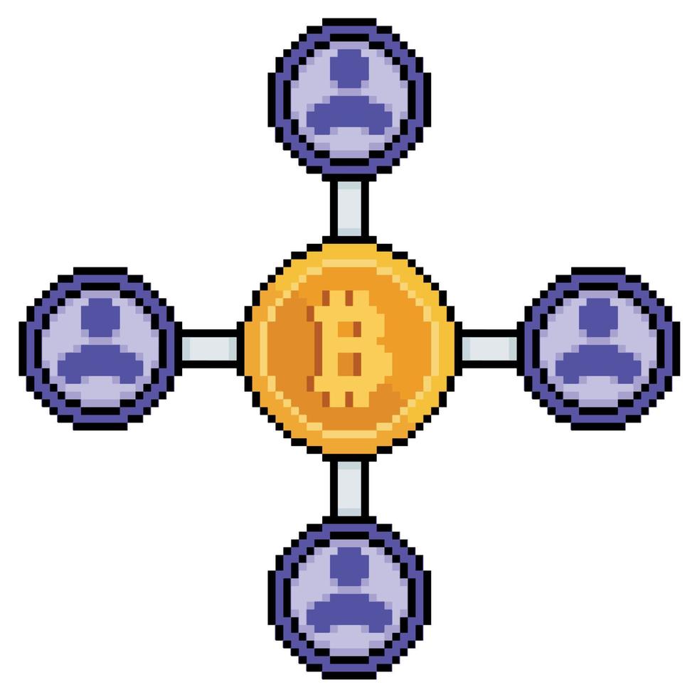 réseau pixel art de personnes connectées au bitcoin, diagramme de bitcoin et icône vectorielle de personnes pour le jeu 8bit sur fond blanc vecteur